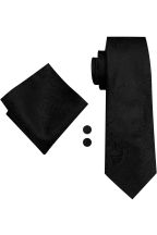 Black Paisley silk tie, pocket square & cufflink set 