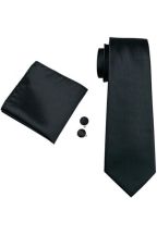 Mens Plain Black 100% silk pocket square, Cufflink and tie set 