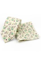 Cream & Green floral cotton classic mens tie & pocket square set 