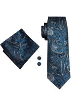 Blue & Black Paisley silk tie, pocket square & cufflink set 