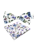 Blue floral cotton classic mens bow tie & pocket square set 