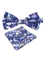 Blue & Purple floral cotton classic mens bow tie & pocket square set 