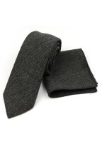 Mens Grey Herringbone Wool Tweed Tie & Pocket square set 