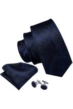 Navy and Black Paisley tie pocket square cufflink set 