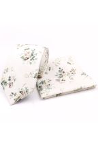 Ivory & Green floral cotton classic mens tie & pocket square set 