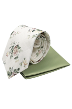 Ivory & Green floral contrast mens tie & pocket square set 
