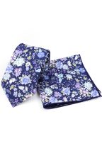 Blue & Purple floral cotton classic mens tie & pocket square set 