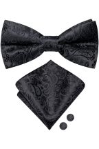 Black Paisley Bow Tie, Cufflink And Handkerchief Set 