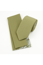 Two Tone Olive floral cotton tie & Pocket square set 