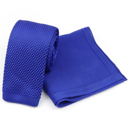 Knitted Royal Blue Tie & Pocket Square set 