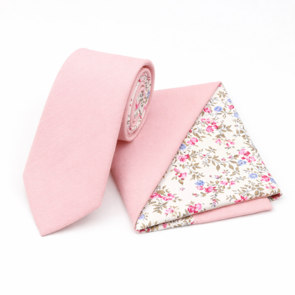 Two Tone Pastel Pink  & Fuchsia floral cotton tie & Pocket square set 